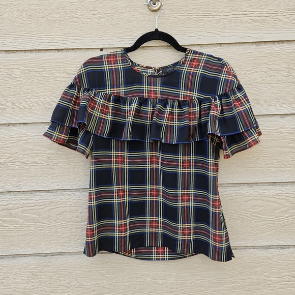 J. Crew Edie ruffle top blouse in Stewart Tartan Plaid size 0 - Picture 1 of 4